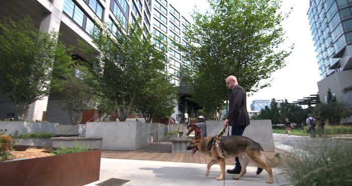 Side view wide shot of Chad E Foster walking confidently past modern building